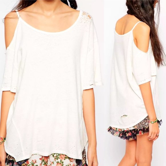 Free People After Party Cold Shoulder Linen Tee - Picture 1 of 11